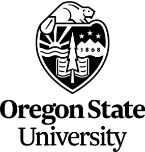 The crest of oregon state university. Shows a beaver over a sunset, book, and a tree. Additionally the date 1868 is displayed and the words Oregon State University